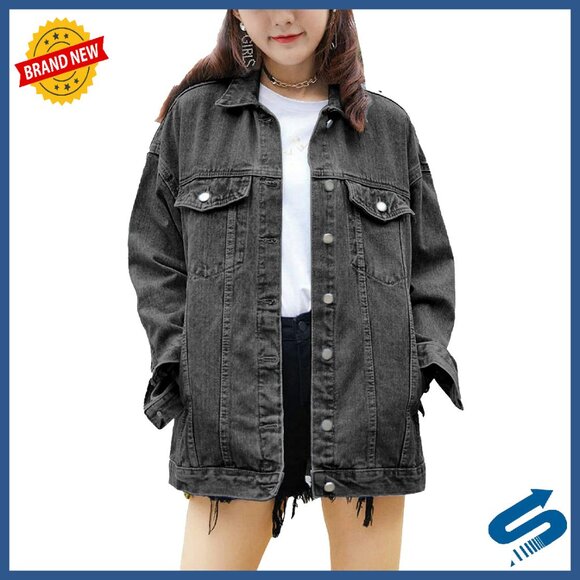 Oversized Denim Jacket Mid-Length Biker Coat Button Front